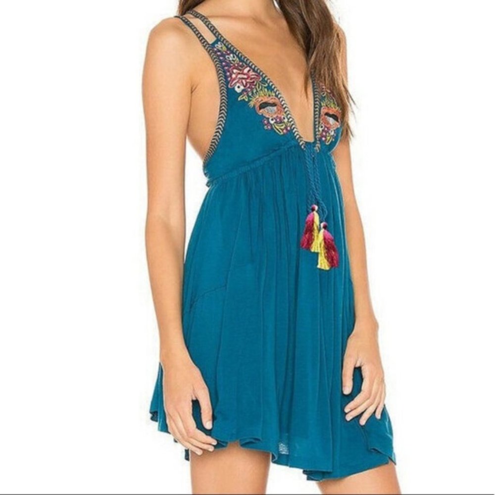Free People "Lovers Cove" Floral Dress in Peacock Blue